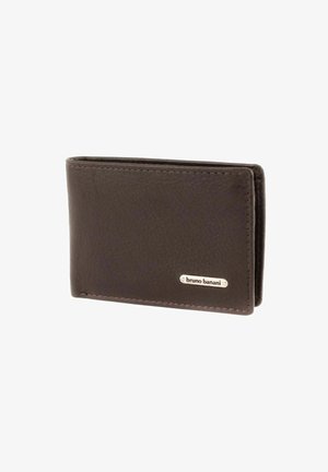 Brown leather wallet with a textured finish, bi-fold design, and a silver logo plate. Features visible stitching along the edges.