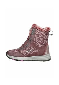 Lila gemusterter Stiefel mit Kunstfellkragen, strukturierter Synthetik-Oberfläche und kontrastierender Gummisohle mit rosa und schwarzen Akzenten.