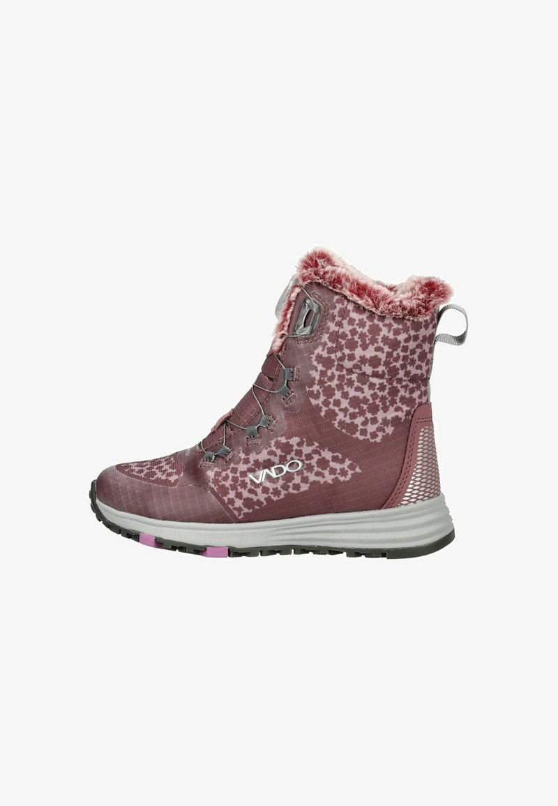 Lila gemusterter Stiefel mit Kunstfellkragen, strukturierter Synthetik-Oberfläche und kontrastierender Gummisohle mit rosa und schwarzen Akzenten.