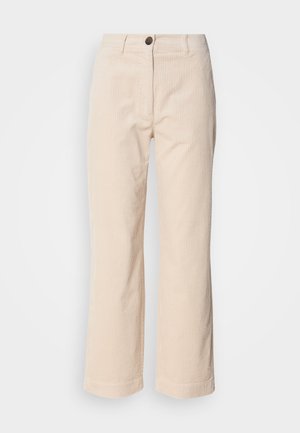 Beige corduroy pants with straight legs, front button closure, and side pockets visible on a white background.