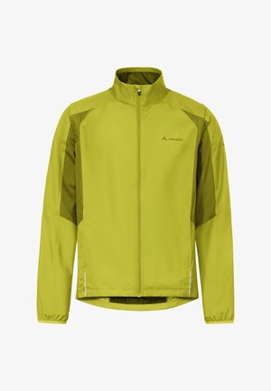 Hellgrüne Outdoorjacke mit durchgehendem Reißverschluss, hohem Kragen, elastischen Bündchen, dunkelgrünen Seitenteilen und VAUDE-Logo auf der Brust.