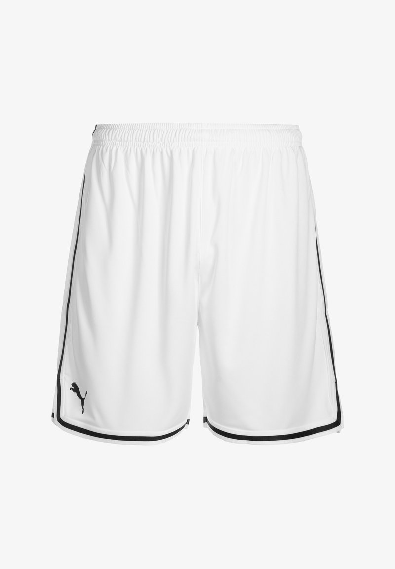 Pantalones cortos deportivos blancos hechos de un tejido ligero, con franjas laterales negras y un pequeño logotipo negro en la parte inferior izquierda frontal.