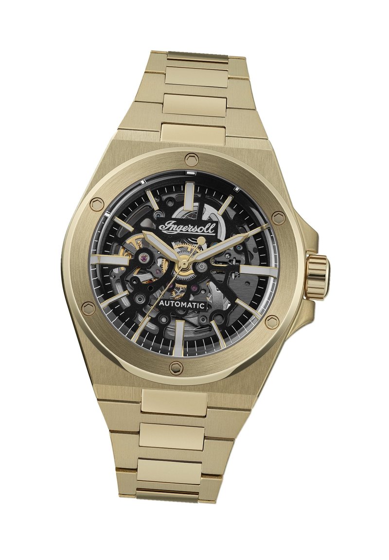 Gouden automatische horloge met een zwart skeleton-dial, zilveren accenten en een metalen schakelarmband. Bevat een ronde kast en een gestructureerde afwerking.