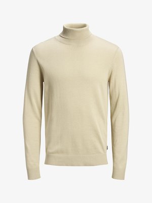 Beige Rollkragenpullover aus weichem Stoff, mit gerippten Bündchen und einem gerippten Saum. Glatte Textur mit minimalen Nähten für ein sauberes Erscheinungsbild.