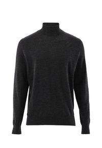 Dunkelgrauer, langärmeliger Rollkragensweater mit gerippten Bündchen und Saum, auf einem schlichten weißen Hintergrund präsentiert.