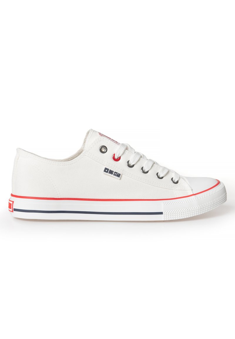 Weiße Leinenschuhe mit roten und blauen Akzenten. Klassisches Low-Top-Design mit sechs Ösen, einer Gummikappe und strukturierten Seitenpanelen.