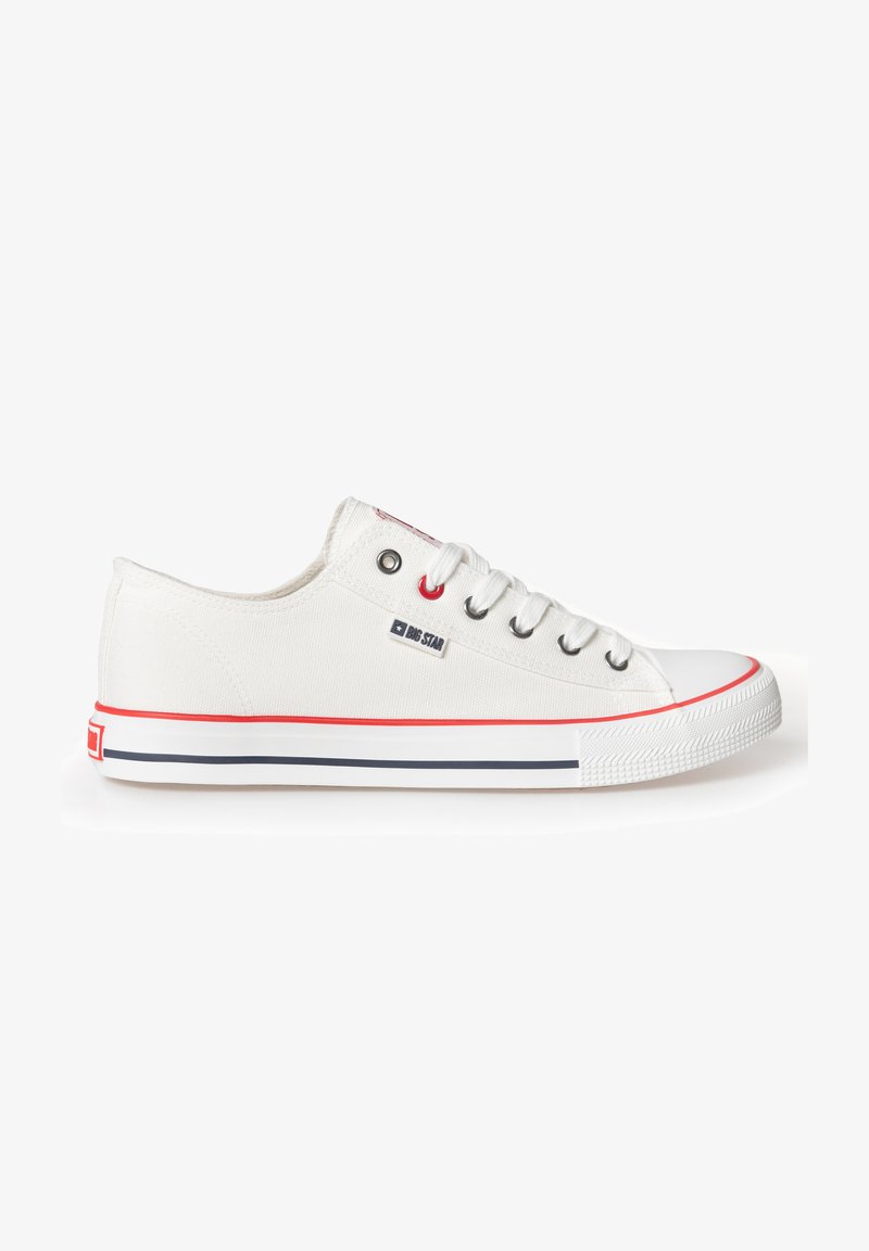 Valged kanvasist tossud punaste ja siniste aktsentidega. Klassikaline madala profili kujundus, kuuel silmusel, kummist varbaosaga ja tekstuuriga külgpaneelidega.