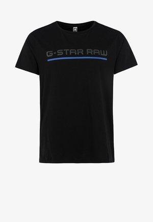 Schwarzes T-Shirt mit kurzen Ärmeln und rundem Ausschnitt, vorne grauer "G-STAR RAW" Schriftzug und eine blaue geschwungene Linie darunter.
