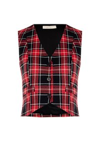 Gilet a quadri rosso e nero con scollatura a V, senza maniche, cinque bottoni davanti e due tasche frontali. Tessuto morbido.