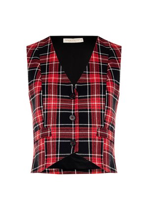 Gilet a quadri rosso e nero con scollatura a V, senza maniche, cinque bottoni davanti e due tasche frontali. Tessuto morbido.