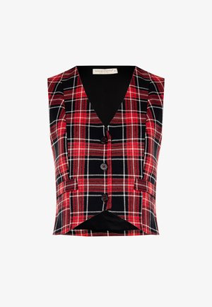Gilet a quadri rosso e nero con scollatura a V, senza maniche, cinque bottoni davanti e due tasche frontali. Tessuto morbido.