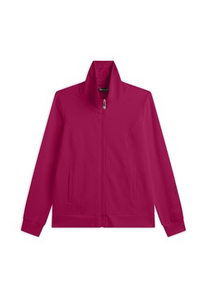 Veste zippée fuchsia avec un col montant, deux poches avant et des détails de design subtils sur les manches. Tissu au toucher lisse.
