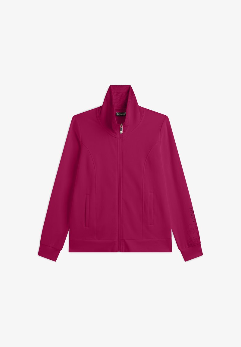 Giacca fucsia con zip e colletto alto, due tasche frontali e dettagli di design sottili sulle maniche. Tessuto morbido al tatto.