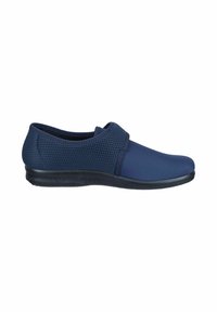 Scarpa ortopedica blu navy con retro in rete traspirante, parte anteriore liscia e suola nera flessibile, progettata per comfort e supporto.