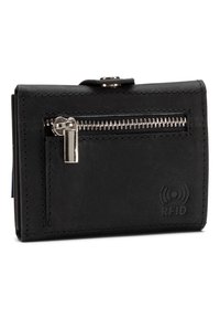 Black RFID-blocking wallet made of leather, featuring a zipper pocket and stitched accents, with a debossed RFID logo on the front.