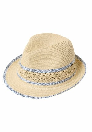 Beige straw hat with a textured woven band and blue accents. Features a narrow brim and a round crown. Lightweight design.