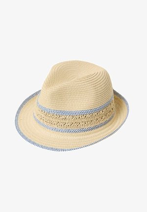 Dvispalvis smėlio spalvos šiaudinė skrybėlė su tekstūruota pintine juosta ir mėlynomis detalėmis. Turi siaurą paraštę ir apvalų karūną. Lengvo dizaino.