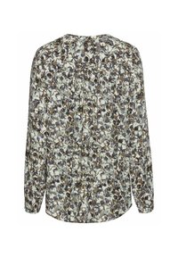Blomstret bluse med lange ærmer, lavet af letvægtsmateriale. Har et blomsterdesign i grøn, brun og hvid, med plissé-detaljer på bagsiden.