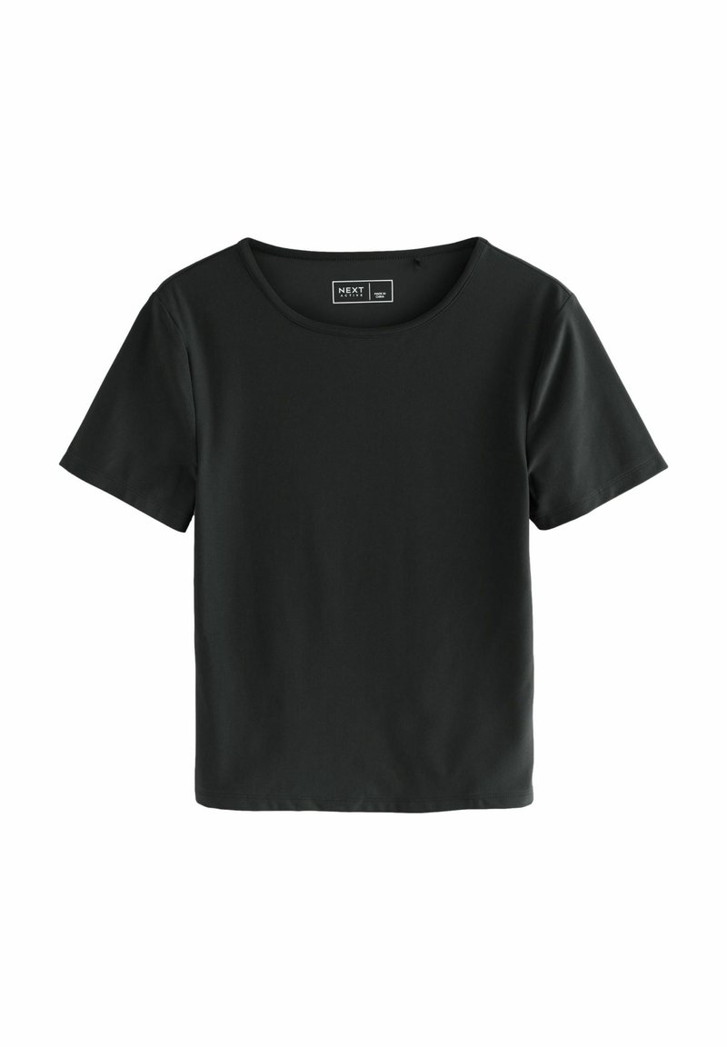 T-shirt noir à manches courtes avec un col rond, en tissu doux et à la coupe décontractée. Pas de motifs ni d'accents visibles.