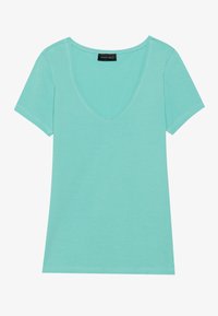 T-shirt vert menthe à col en V fabriqué en tissu doux et léger. Manches courtes et coupe décontractée avec des détails de couture minimaux.
