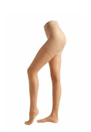 Collants beiges transparents avec une texture lisse, un design sans couture, une taille haute et une finition semi-opaque allant jusqu'aux orteils.