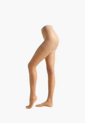 Collants beiges transparents avec une texture lisse, un design sans couture, une taille haute et une finition semi-opaque allant jusqu'aux orteils.
