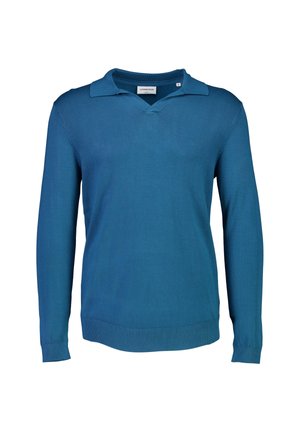 Turkusowy sweter z długim rękawem, dekoltem w serek i płaskim kołnierzykiem. Dzianina z prążkowanymi mankietami i ściągaczem, o gładkiej fakturze i minimalnych detalach.