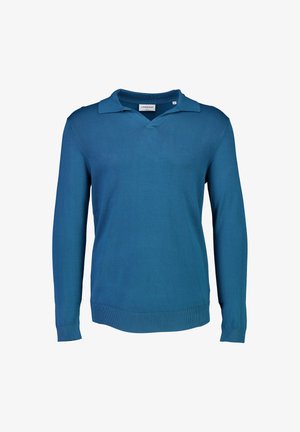 Turkusowy sweter z długim rękawem, dekoltem w serek i płaskim kołnierzykiem. Dzianina z prążkowanymi mankietami i ściągaczem, o gładkiej fakturze i minimalnych detalach.