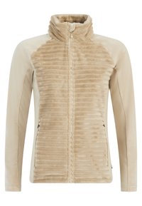 Beige sportjack met een zachte, textuurper voorzijde, met geribbelde bontpatronen en een gladde, platte stof achterzijde. Hoge kraag en ritssluiting.