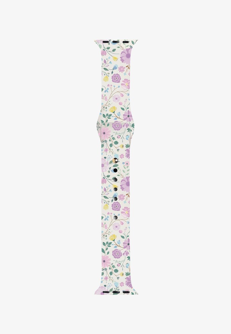 Λουράκι Apple Watch με ρυθμιζόμενες τρύπες, με λευκό φόντο και πολύχρωμο λουλουδάτο σχέδιο με ροζ, μοβ, κίτρινες και πράσινες λεπτομέρειες.