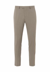 Beige op maat gemaakte broek met een soepele textuur, slim fit en discrete voorkruiden. Kenmerken zijn een platte voorkant en riemlussen in de taille.