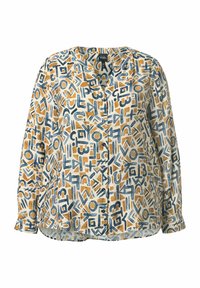 Langärmlige Bluse mit Knöpfen, die abstrakte geometrische und Buchstabenformen in Blau und Senfgelb auf weißem Hintergrund zeigt.