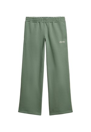Pantalones de chándal verdes de pierna ancha con cinturilla elástica y el logo 'Synergy' bordado en blanco. Fabricados con una suave tela texturizada.