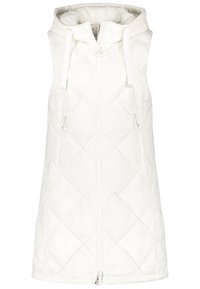 Biała, bezrękawnikowa kamizelka pikowana z kapturem, z zamkiem z przodu oraz dwiema bocznymi kieszeniami. Posiada sznurki do regulacji kaptura. Gładka tekstura.