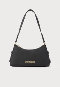 Black Love Moschino shoulder bag with gold zipper and logo, structured shape, and single wide strap against white background.