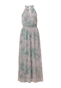 Maxikleid in hellgrün mit pinkem Blumenmuster, Neckholder-Ausschnitt, Schlüssel-Ausschnitt, elastischer Taillenzug und schwingendem Rock. Leichte Stofftextur.