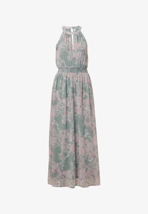 Maxi sukienka w jasnozielonym kolorze z różowym kwiatowym wzorem, z dekoltem na halter, wycięciem w kształcie klucza, elastycznym paskiem w talii i zwiewną spódnicą. Lekka tkanina.