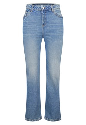 Blauwe spijkerbroek met een wijduitlopende pijp, een hoge taille en subtiele vervaging. Voorzien van vijf zakken en een metalen knoopsluiting.