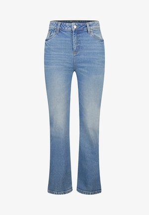 Blauwe spijkerbroek met een wijduitlopende pijp, een hoge taille en subtiele vervaging. Voorzien van vijf zakken en een metalen knoopsluiting.