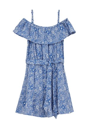 Modra in bela obleka z vzorcem, odkritimi rameni in tankimi naramnicami, z naborki na izrezu, trakcem za pas in šestkotnimi cvetličnimi motivi.