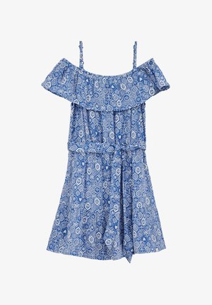 Blau-weiß gemustertes Off-Shoulder-Kleid mit dünnen Trägern, gerafftem Ausschnitt, Taillenband und sechseckigen Blumenmustern.