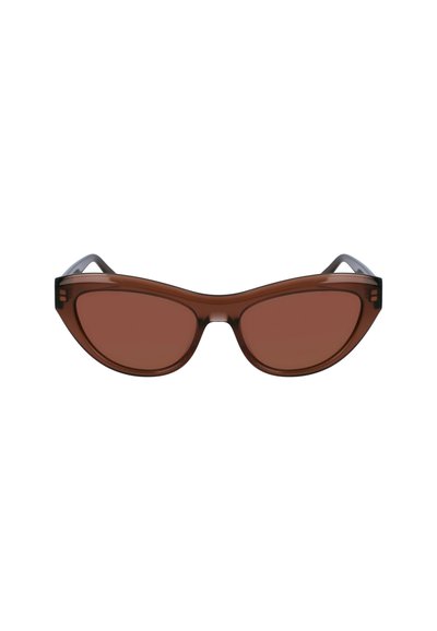 Brown cat-eye sunglasses with dark lenses, transparent temples, and angular design. Smooth texture with subtle geometric accents.