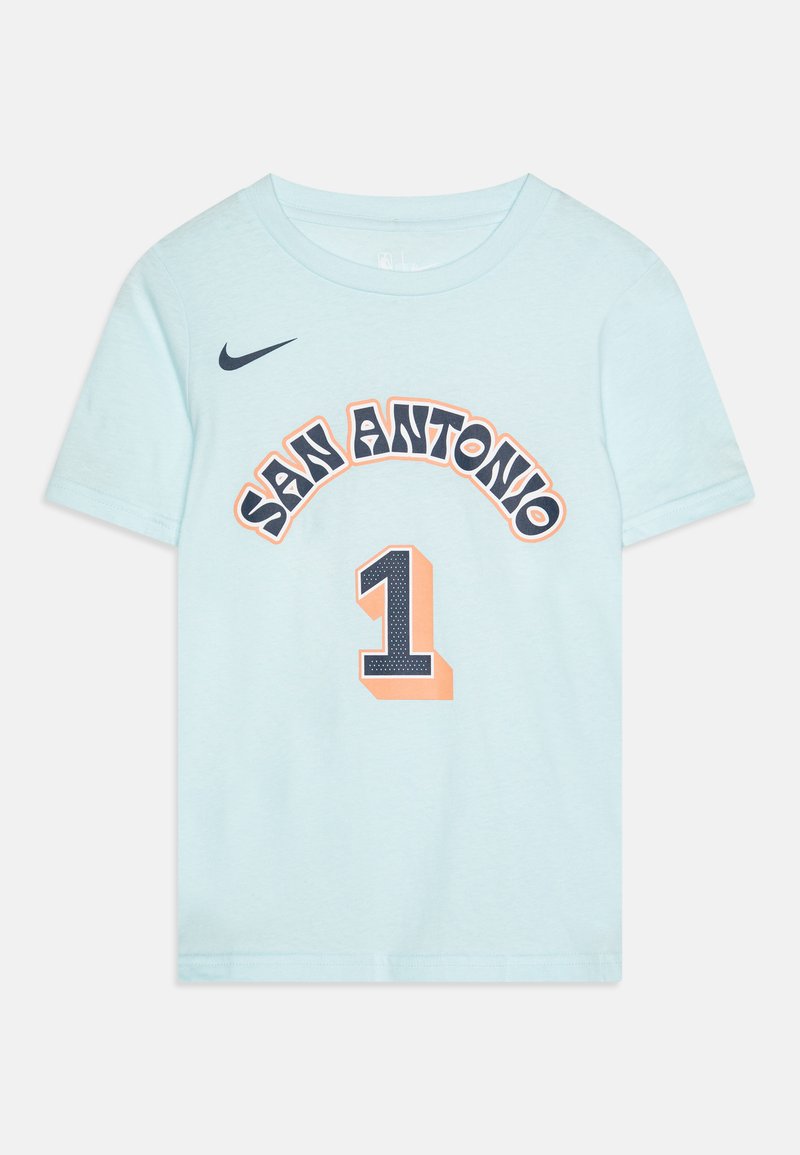 Light blue cotton t-shirt features "SAN ANTONIO" arch print and number "1" in orange and navy. Round neckline and short sleeves.