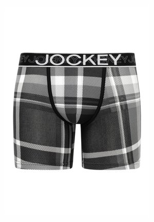 Black and white plaid boxer briefs with a black elastic waistband featuring the word "Jockey" in white font. Soft fabric with a fitted design.
