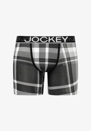 Black and white plaid boxer briefs with a black elastic waistband featuring the word "Jockey" in white font. Soft fabric with a fitted design.