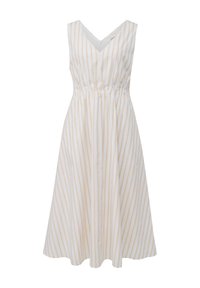 Robe sans manches blanche avec des rayures verticales beiges, décolleté en V, taille froncée et jupe fluide. Fabriquée en tissu léger avec une texture douce.
