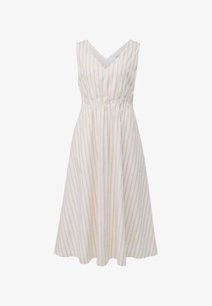 Weißes ärmelloses Kleid mit vertikalen beigen Streifen, V-Ausschnitt, geraffter Taille und fließendem Rock. Hergestellt aus leichtem, sanftem Stoff.