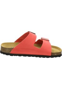 Coral slide sandal with two wide straps, adjustable buckle, cork footbed, and textured black rubber sole. Suitable for casual wear.