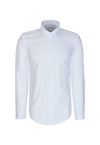Chemise blanche à manches longues avec patte de boutonnage sur le devant et col pointu, présentée sur un fond blanc uni.