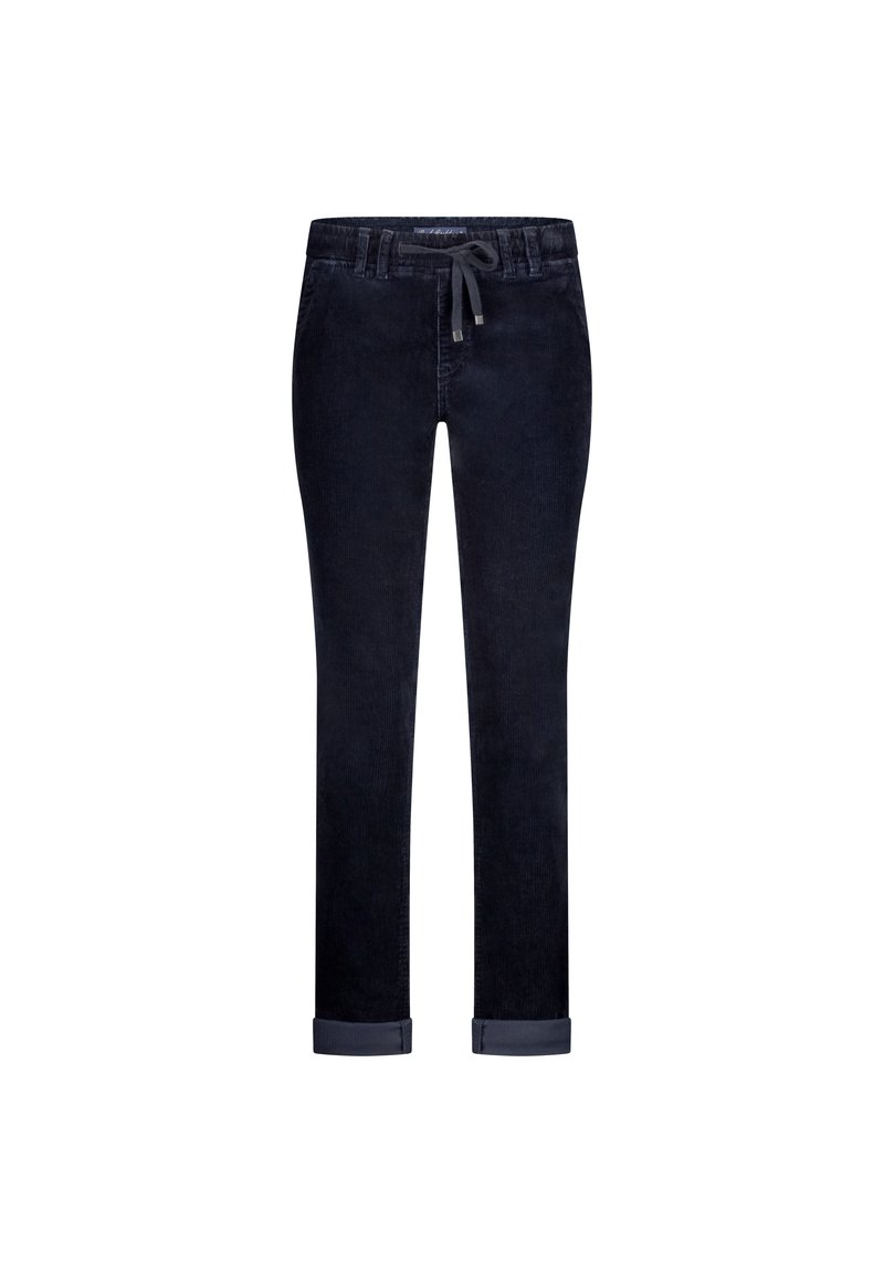 Dark blue corduroy pants featuring a drawstring waist, rolled cuffs, and a straight-leg design. Soft texture with vertical ribbing detail.